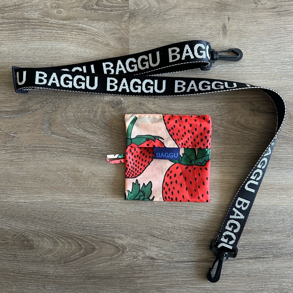 BAGGU Accessories Black Logo Bag Strap and Red Strawberry Reusable Bag Pouch